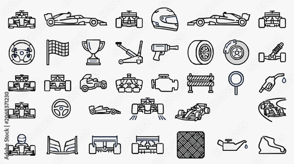 Naklejka premium Professional Racing and Motorsport Iconography Collection Featuring Vehicles Equipment and Accessories