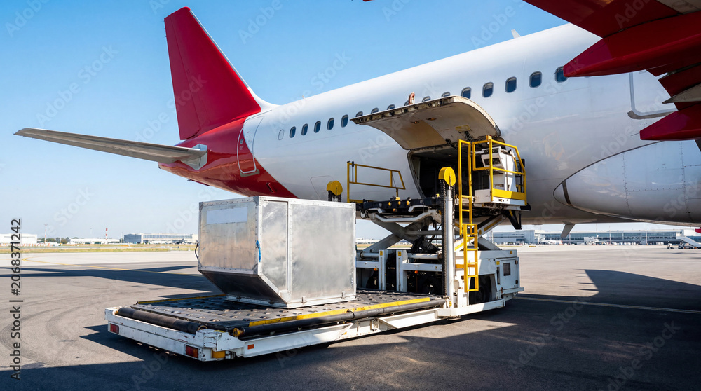 Fototapeta premium Loading an air cargo container into an airplane using ground logistics transport at the airport