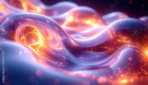 Abstract digital artwork featuring flowing, glossy, luminous waves
