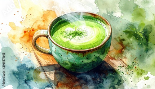 Watercolor artwork depicts a green matcha beverage in a teal ceramic mug