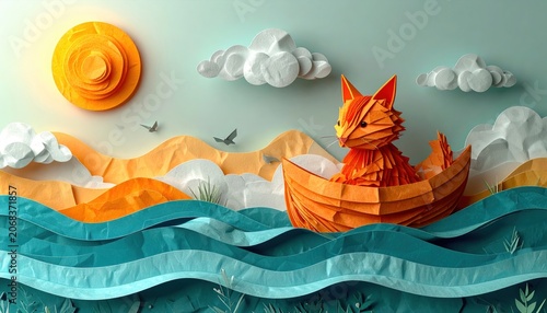 Origami fox in paper boat sailing on paper sea beneath paper sun and clouds