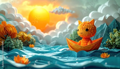 A charming paper creature floats on paper ocean toward a paper sunset