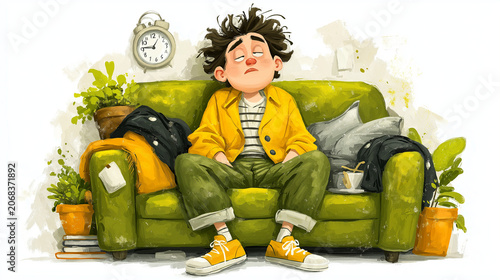 Young man sitting tired on green couch in messy room with plants  