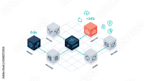 Isometric vector infographic set featuring data charts and business process flow elements, isometric