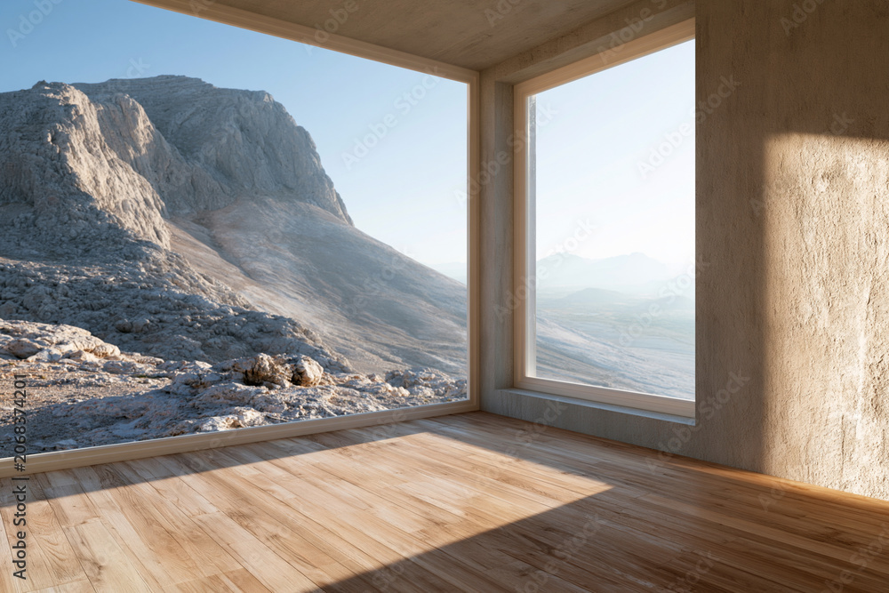 Fototapeta premium Minimalist room overlooks rugged mountain peaks. Sunlight casts long shadows across warm wooden floor. Clean lines frame the vast, untouched landscape beyond. Stillness speaks of solitude