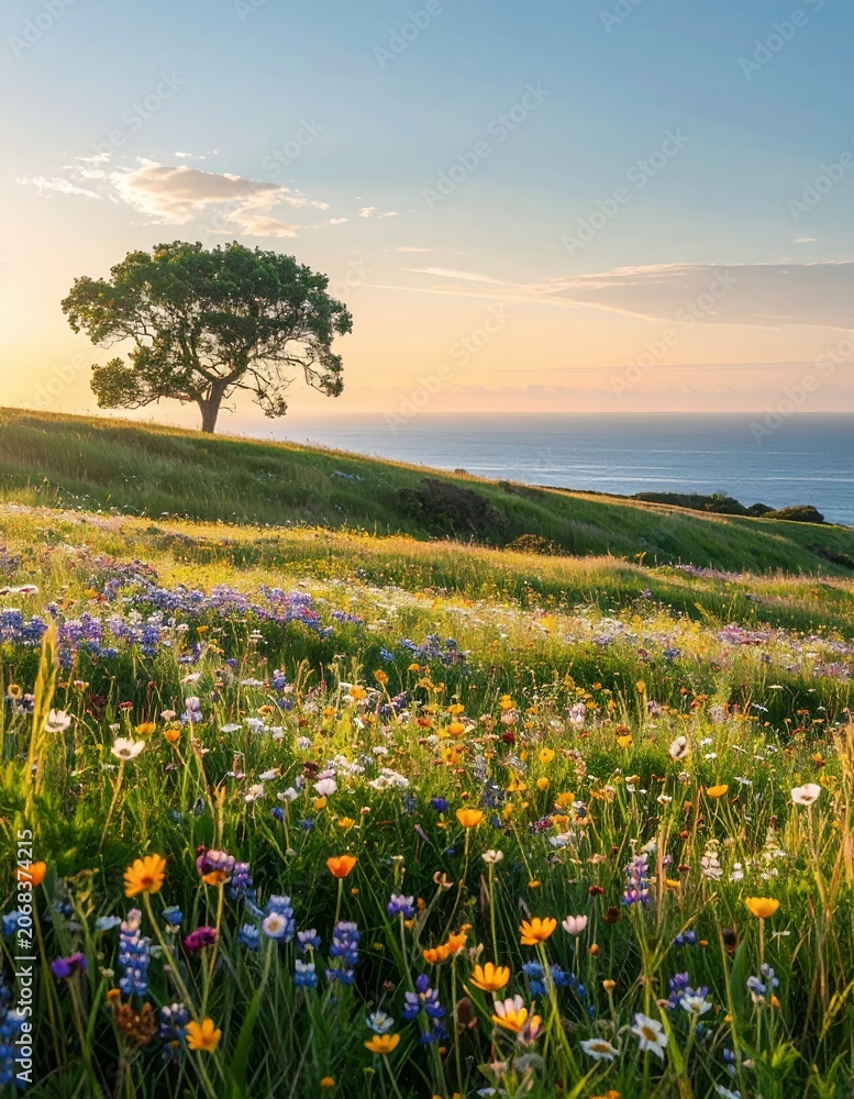 Fototapeta premium Vibrant Wildflower Meadow with Solitary Tree Overlooking Ocean at Sunset.