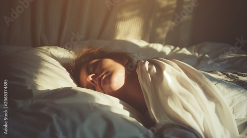 Woman lying quietly in minimal bedroom with soft shadows and introspective mood  