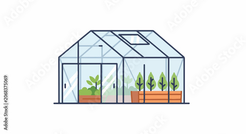 A greenhouse with a gable roof and glass walls featuring plants
