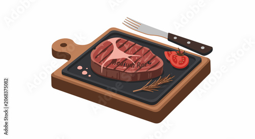 A grilled steak on a black plate on wooden cutting board