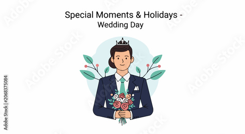 A groom in a blue suit holding flowers and wearing a crown
