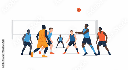 A group of men in athletic wear playing basketball on a court with a hoop