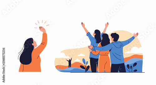 A group of four people with their arms raised in joy