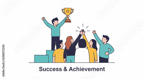 A group of people celebrating success with one holding a trophy