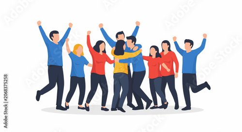 A group of people celebrating with arms raised in the air