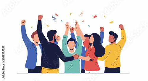 A group of people celebrating with raised arms and confetti