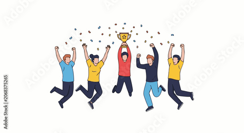 A group of people celebrating with a trophy