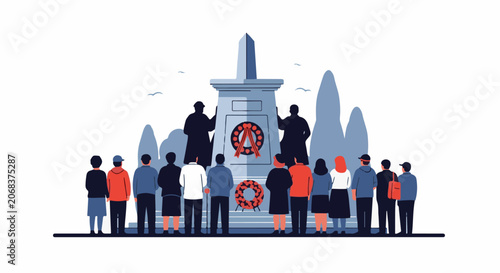 A group of people gathered around a war memorial with wreaths