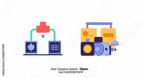 A graphic illustration of two sets of objects, one with a laptop and another with a camera