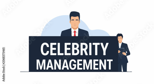 A graphic illustration of two suited men and a large sign reading 
