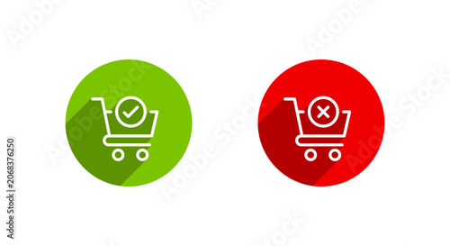 Cart trolley with check and cross icon with long shadow. Successful and failed purchase checkout symbol