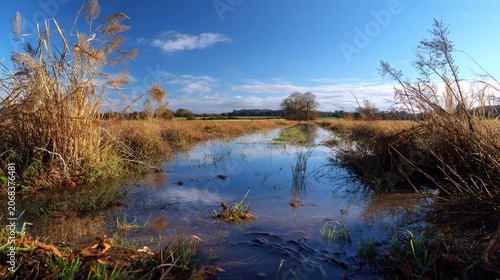 Serene Wetland Landscape with Calm Water and Lush Grasses Under a Clear Blue Sky