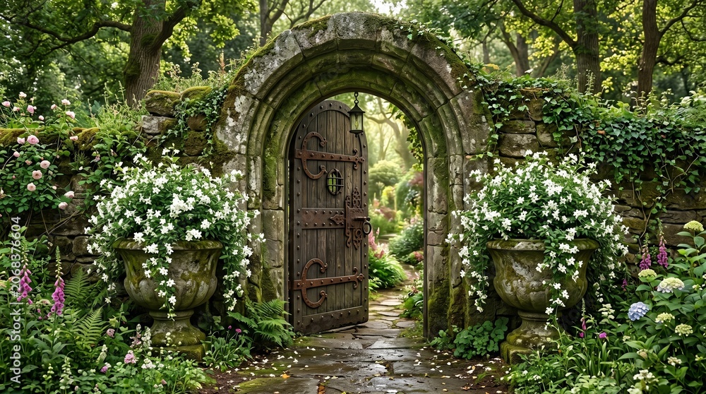 Fototapeta premium Enchanted Garden Entrance with Stone Arch and Flowers