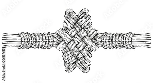 A detailed illustration of a macrame cord knot tied in a complex pattern on a rope.