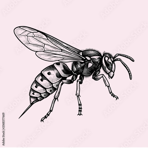 A detailed wasp illustration rests on a pale pink background