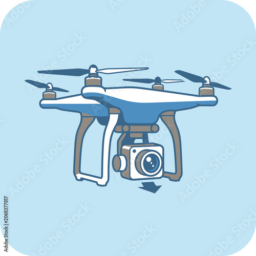 A blue and white quadcopter drone flies in the sky
