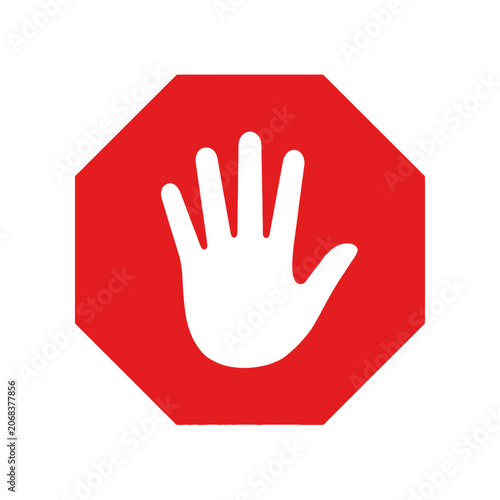A hand signals stop in a bold red octagonal warning sign