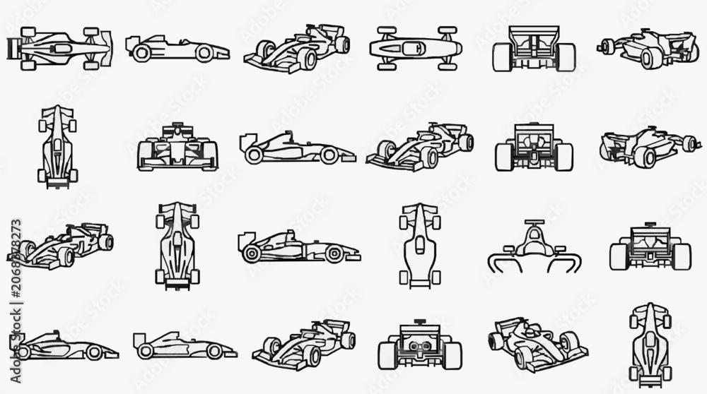 Naklejka premium Elegant Collection of Iconic Racing Car Designs Through Decades of Motorsport Innovation with high professional line art symbols for modern creative design and digital branding projects
