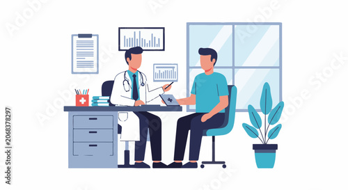 A doctor and patient in a consultation room with a desk, window, and plant