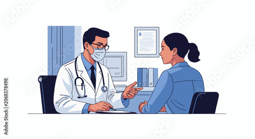 A doctor in a mask discusses with a seated woman in blue