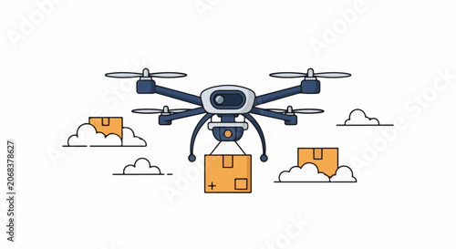 A drone with a package flies amidst clouds and other packages