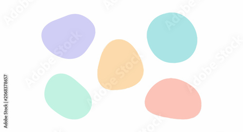 A digital illustration of five pastel-colored Easter eggs