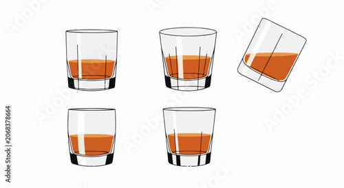 A digital illustration of five short glasses with orange liquid on a white background