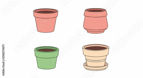 A digital illustration of four flower pots in different colors and shapes