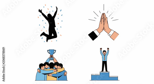 Foto A graphic illustration of four celebratory scenes of people rejoicing