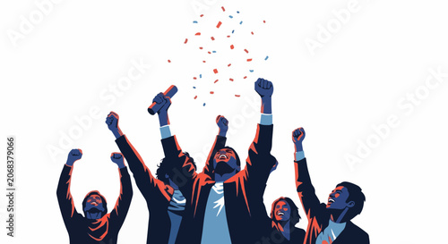 A graphic illustration of four people celebrating with raised fists and confetti