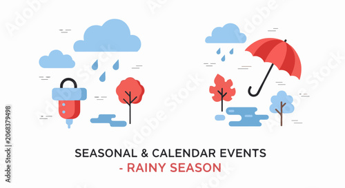 Tableau sur toile A graphic illustration of rainy season with umbrella, trees, rain and clouds