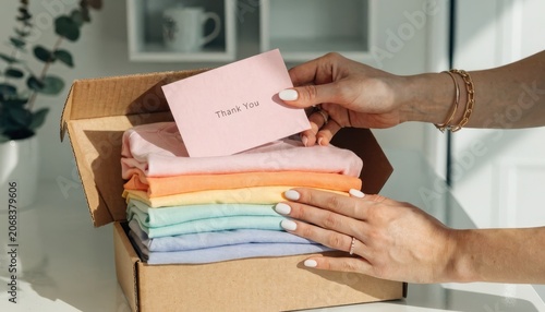 Hands revealing a gift of folded pastel linens and a thank you card from an open box