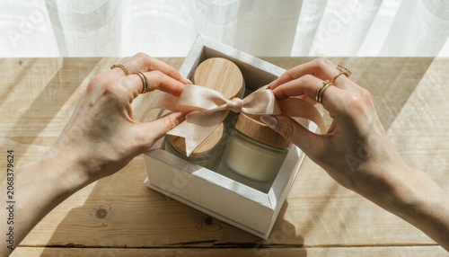 Hands tying a decorative ribbon around a box of natural skincare products on a rustic wooden table