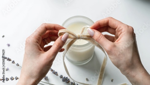 Hands tying a ribbon around a jar of cream next to fresh lavender sprigs