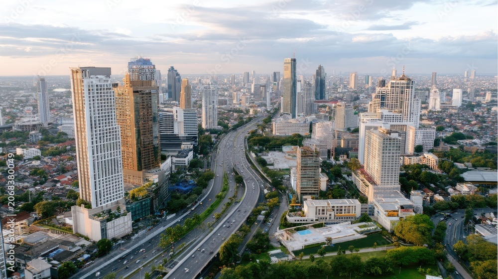 Obraz premium Aerial View of Modern Cityscape with Skyscrapers and Urban Highway During Sunset