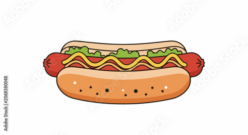 A hot dog on a bun with lettuce, ketchup, and mustard