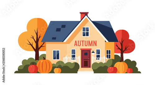 A house with a blue roof surrounded by pumpkins and trees in autumn