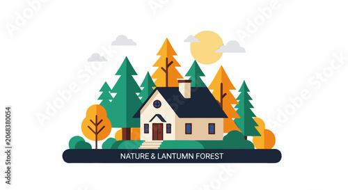 A house surrounded by trees in a forest with a sun and clouds