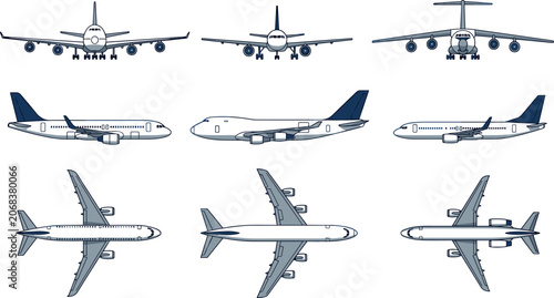 Foto Commercial Airplane and Jet Airliner Vector Set Featuring Front Side and Top Ort