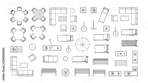 Obraz na plátně Outdoor furniture top view vector set, patio garden furniture floor plan symbols