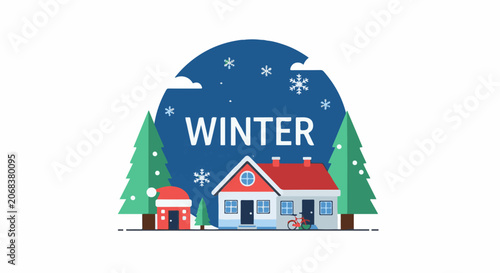 A house with a red roof and a bicycle in front of it, surrounded by trees and snowflakes